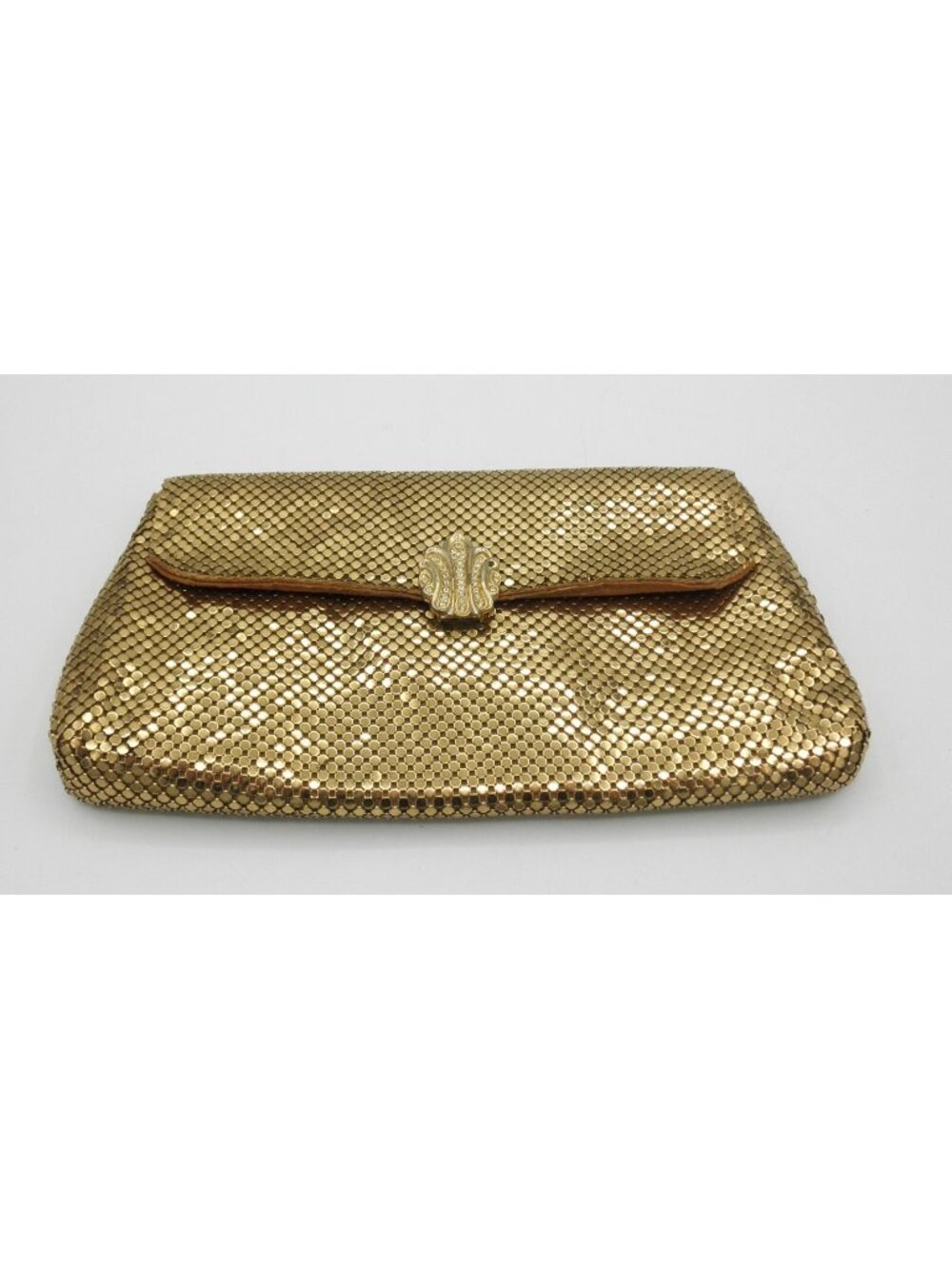 Vintage Whiting and Davis Gold Metal Mesh Rhinestone Clasp Clutch Purse FLAWS